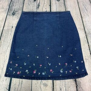 Route 21 Y2K Floral Embroidered Denim High Waisted Mini Skirt Stretch Size 9/10